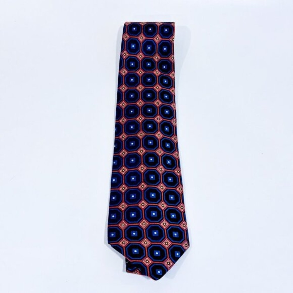 Blue Orange Geometric Pattern 100% Silk Necktie
